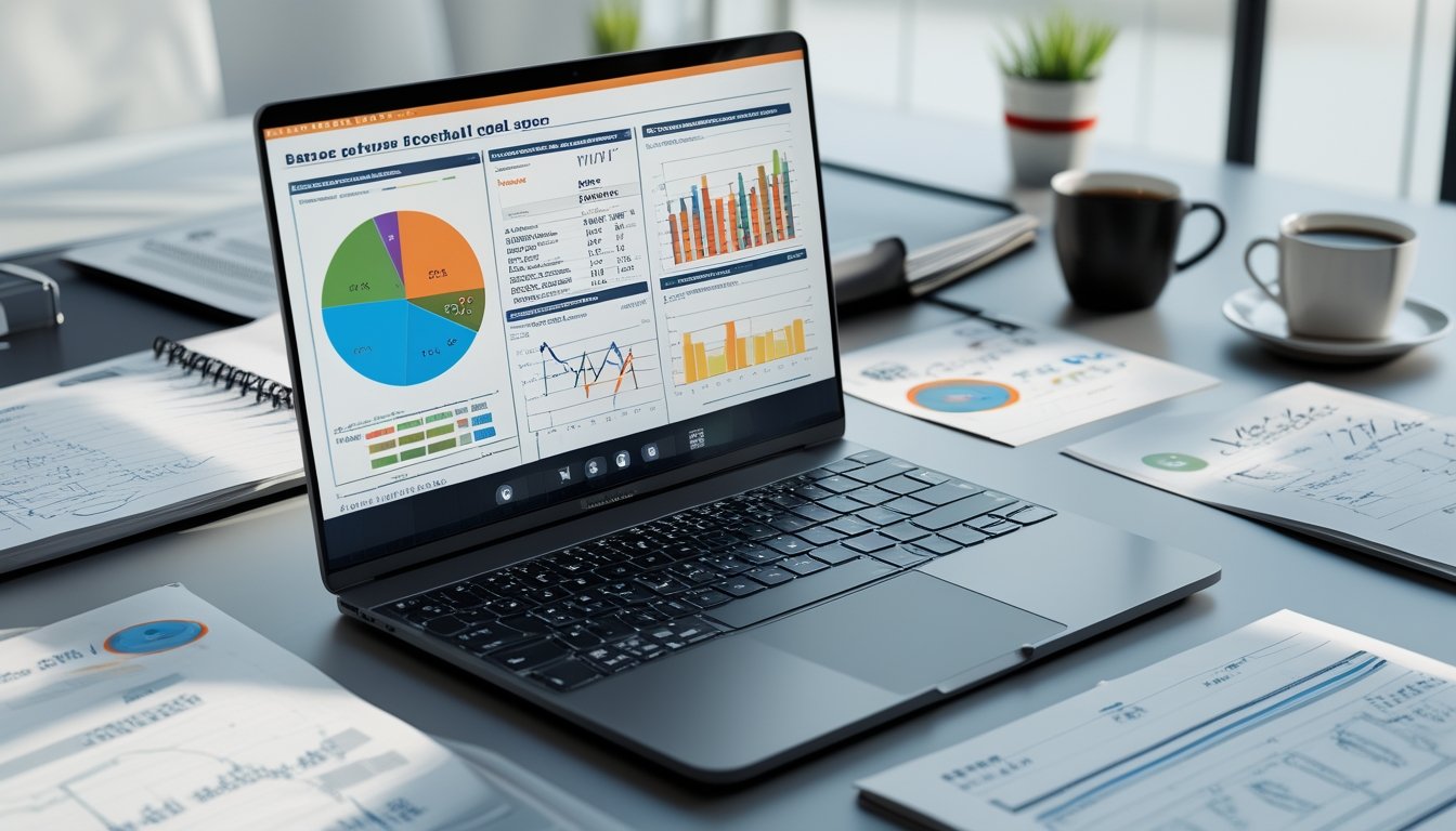 Meja kerja dengan laptop yang menampilkan grafik statistik pemain sepak bola, laporan cetak, dan ponsel yang menayangkan pertandingan sepak bola.