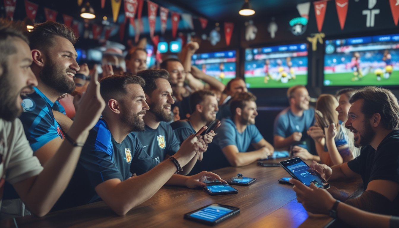 Sekelompok penggemar sepak bola yang antusias menonton pertandingan di bar olahraga sambil menggunakan ponsel untuk bertaruh.