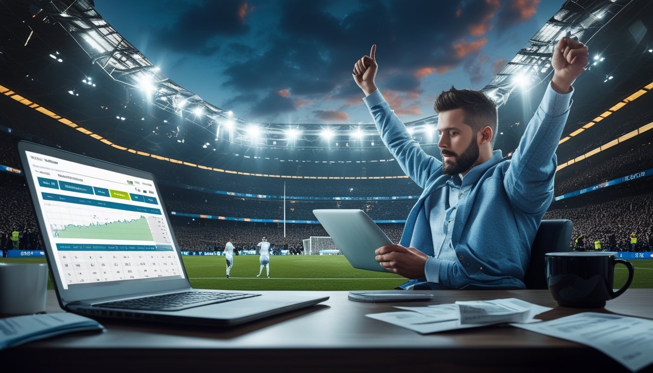 Seorang pria sedang melihat statistik dan peluang taruhan sepak bola di laptop dan ponsel dengan latar belakang stadion sepak bola yang ramai dan pemain yang merayakan gol.