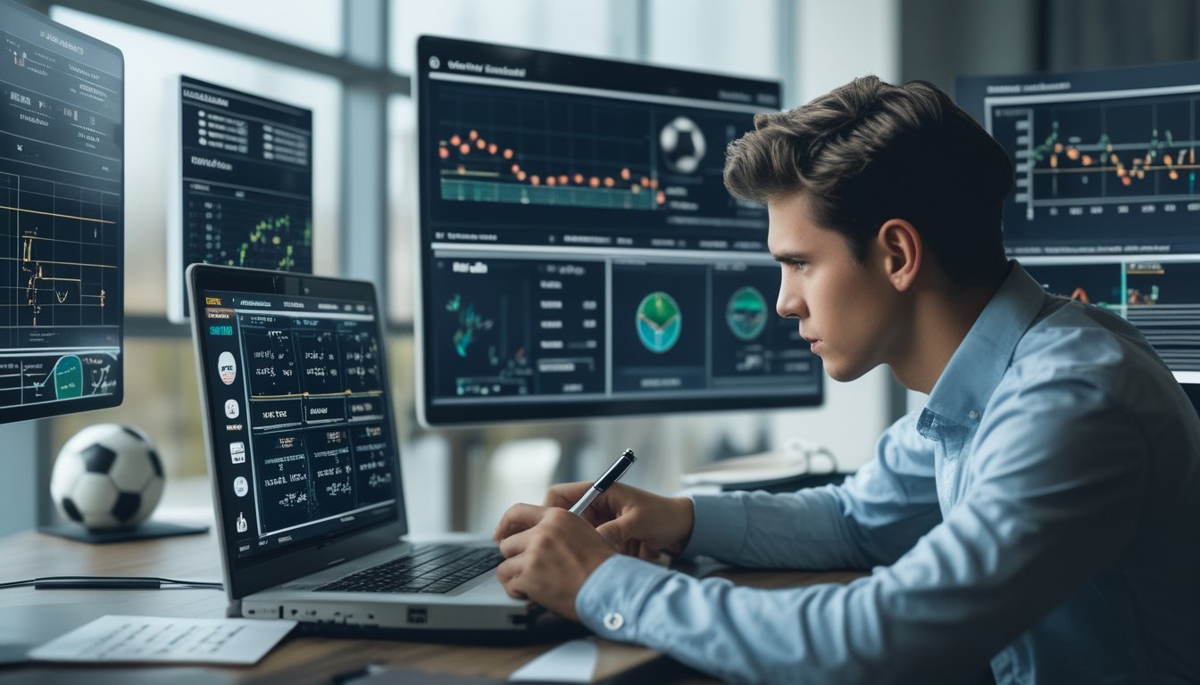 Seorang analis olahraga sedang mempelajari data pertandingan sepak bola di beberapa layar digital dalam kantor modern.