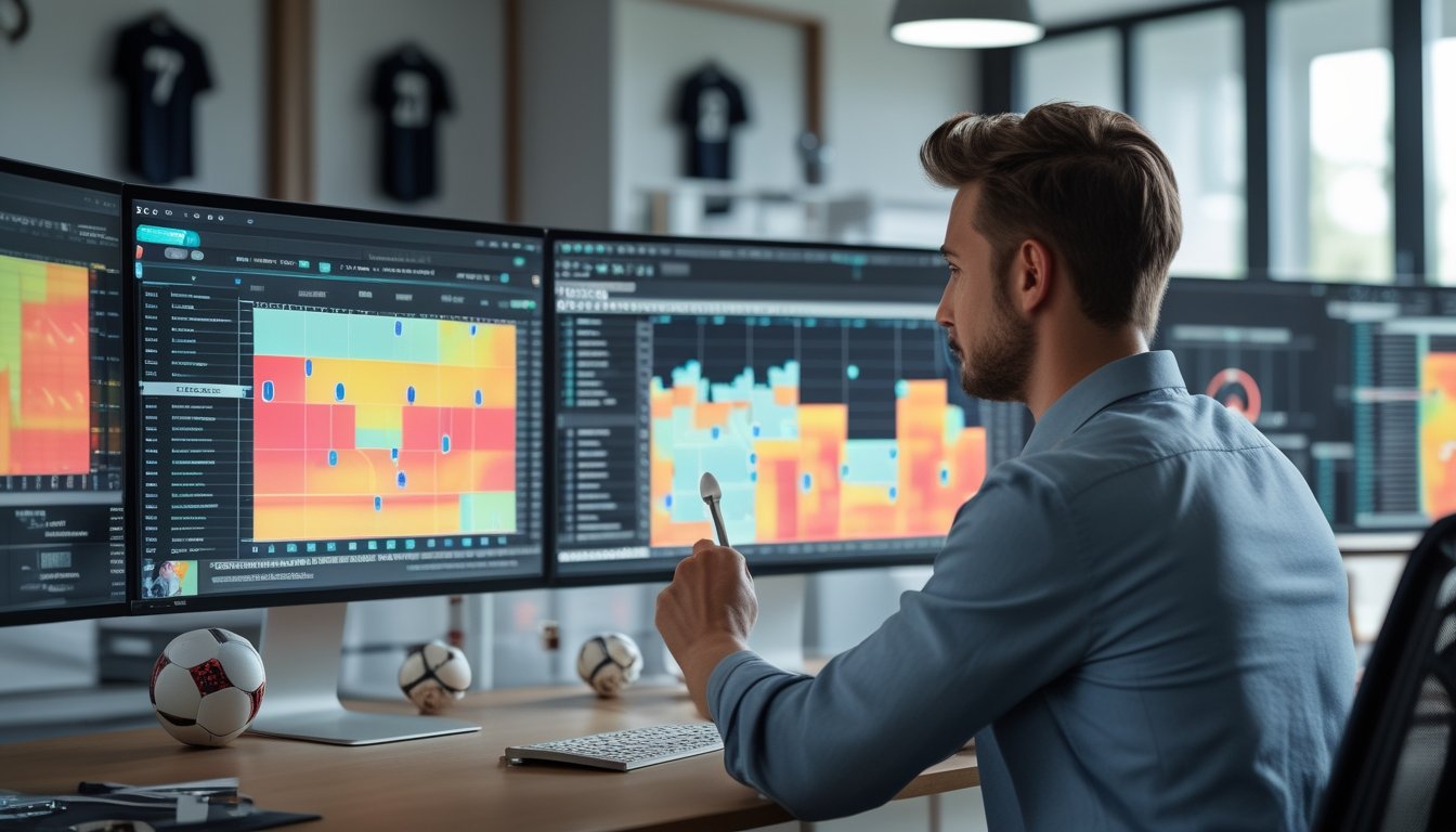 Seorang analis olahraga sedang melihat data statistik pertandingan sepak bola di beberapa layar komputer di kantor modern.