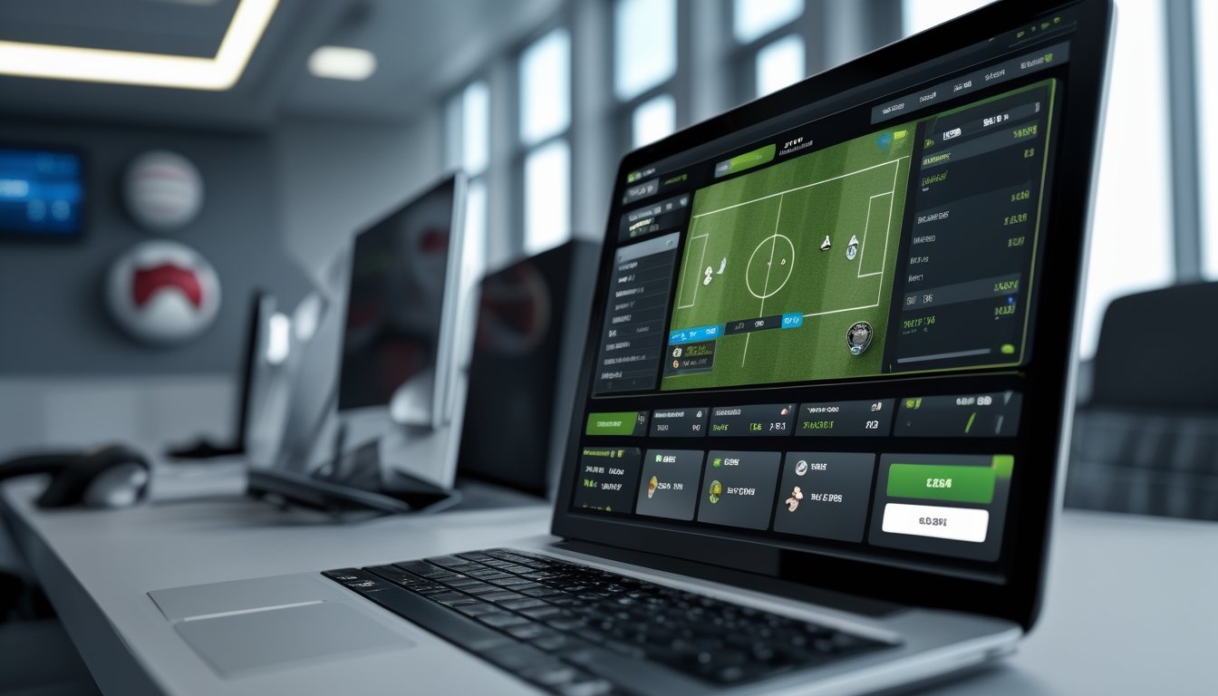 Layar komputer menampilkan statistik pembaruan waktu nyata tentang pencetak gol terakhir dalam pertandingan sepak bola di lingkungan kantor modern.