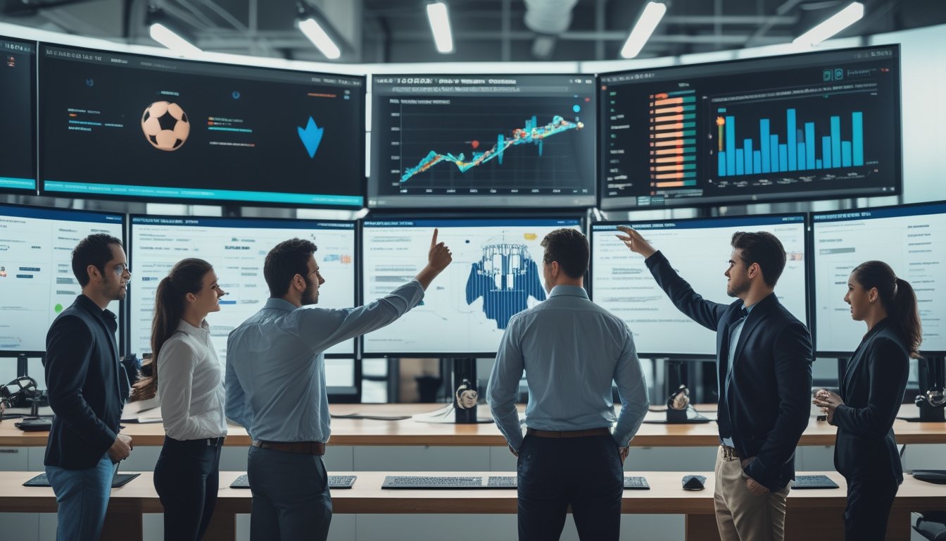 Sekelompok analis olahraga sedang melihat layar komputer dengan data statistik pertandingan sepak bola secara real-time di sebuah kantor modern.