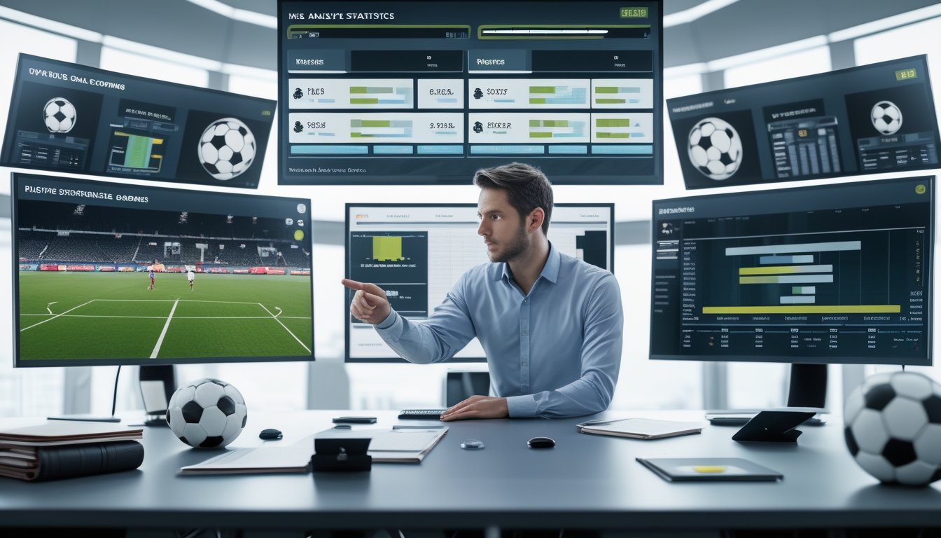 Seorang analis sepak bola sedang menunjuk layar dengan data statistik pemain dan grafik prediksi gol terakhir di ruang kerja modern.