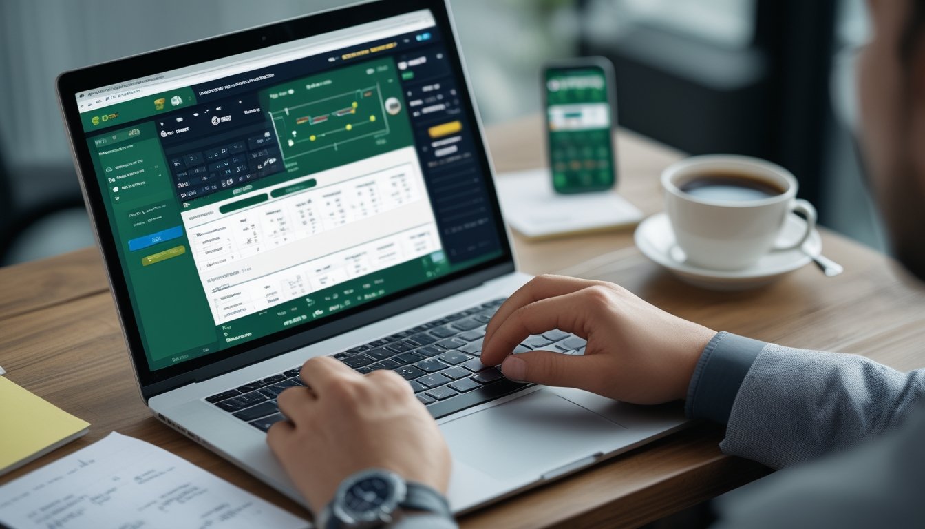Seorang pengguna bekerja di depan laptop dengan tampilan platform taruhan bola dan statistik pencetak gol terakhir, di meja terdapat catatan, ponsel, dan cangkir kopi.