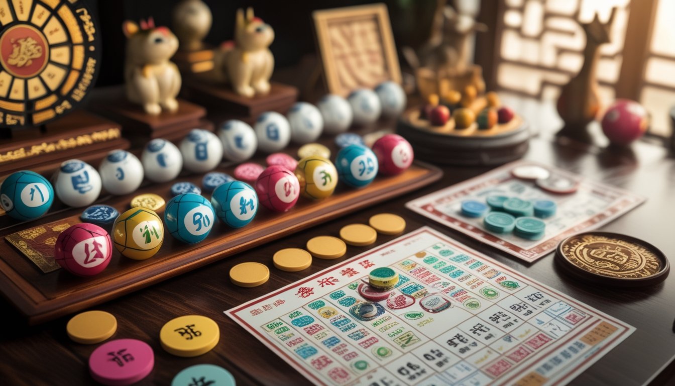 Meja kayu dengan bola bernomor warna-warni, tiket lotere, dan figur binatang shio, menggambarkan permainan togel tradisional Asia.