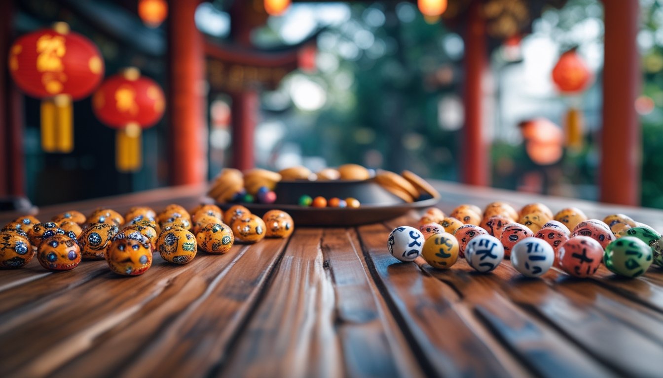Meja kayu dengan token hewan shio warna-warni dan bola lotere bernomor yang tersusun rapi, dengan dekorasi lampion merah dan gulungan kaligrafi di latar belakang.