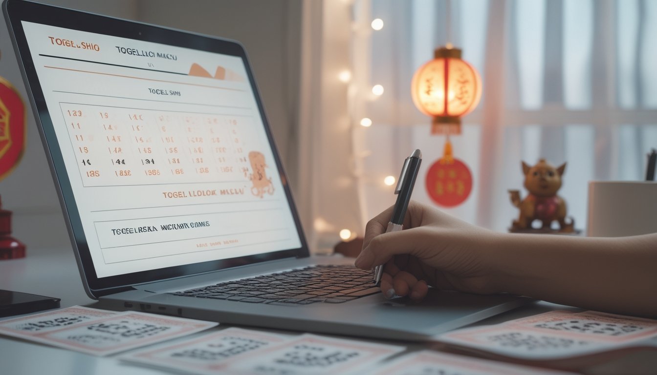 Meja kerja dengan laptop yang menampilkan grafik angka dan ikon hewan shio, tiket togel tertata rapi, dan tangan yang memegang pena siap menandai angka.
