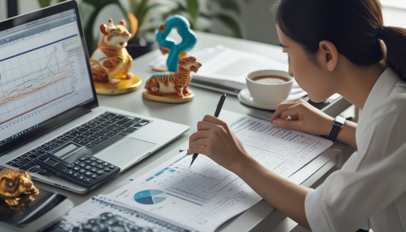 Seseorang sedang menganalisis data dan simbol shio di meja kerja dengan suasana kantor yang terang.