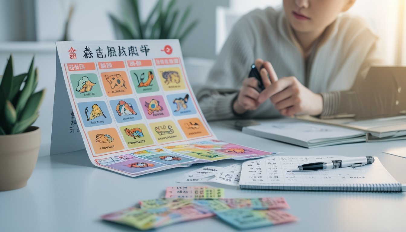 Seseorang sedang melihat grafik shio dan tiket togel di meja kerja dengan catatan dan pena.