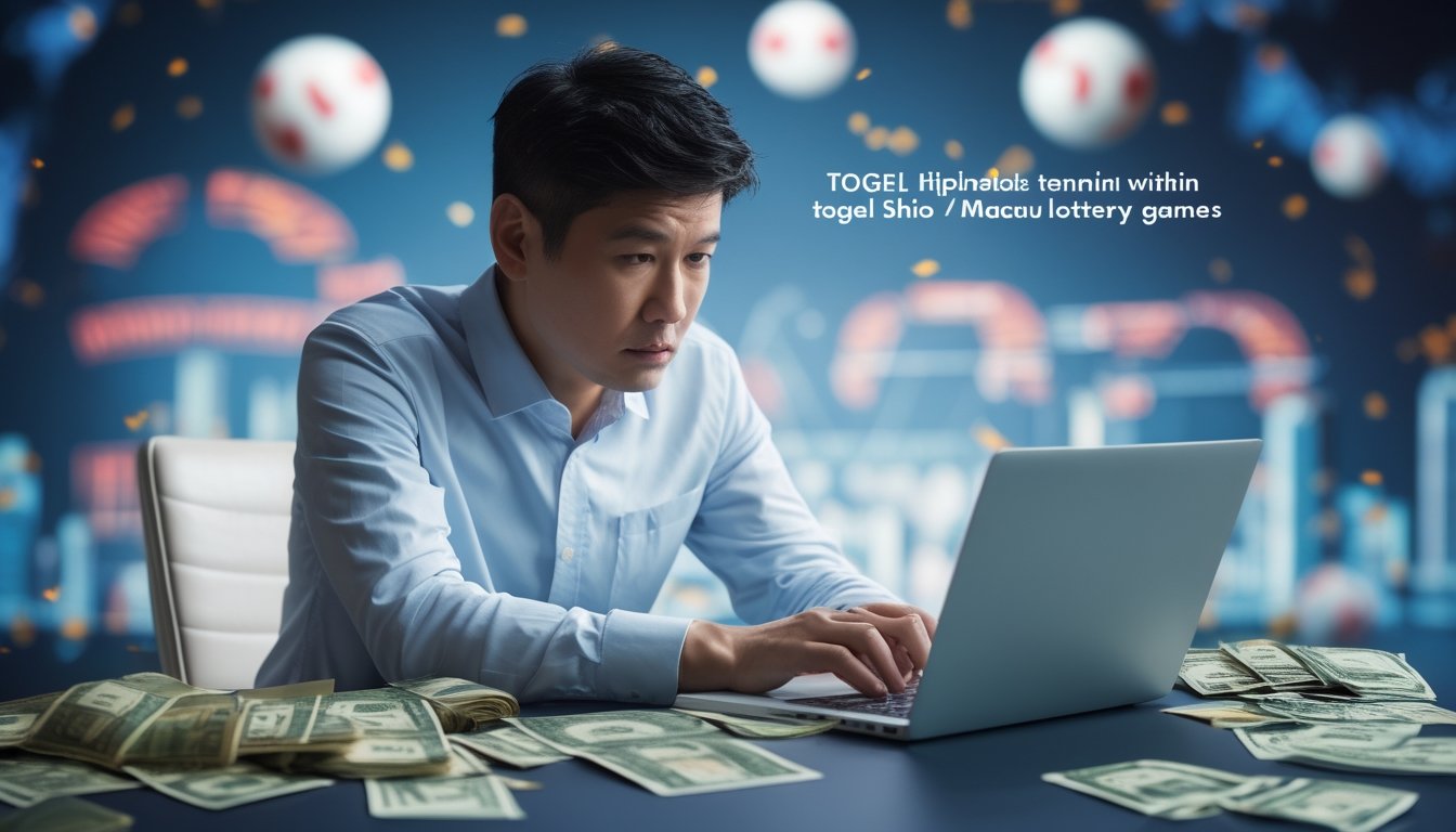 Seseorang yang duduk di meja dengan laptop, tiket lotere, kalkulator, dan uang, terlihat serius dan berpikir tentang risiko finansial terkait permainan togel.
