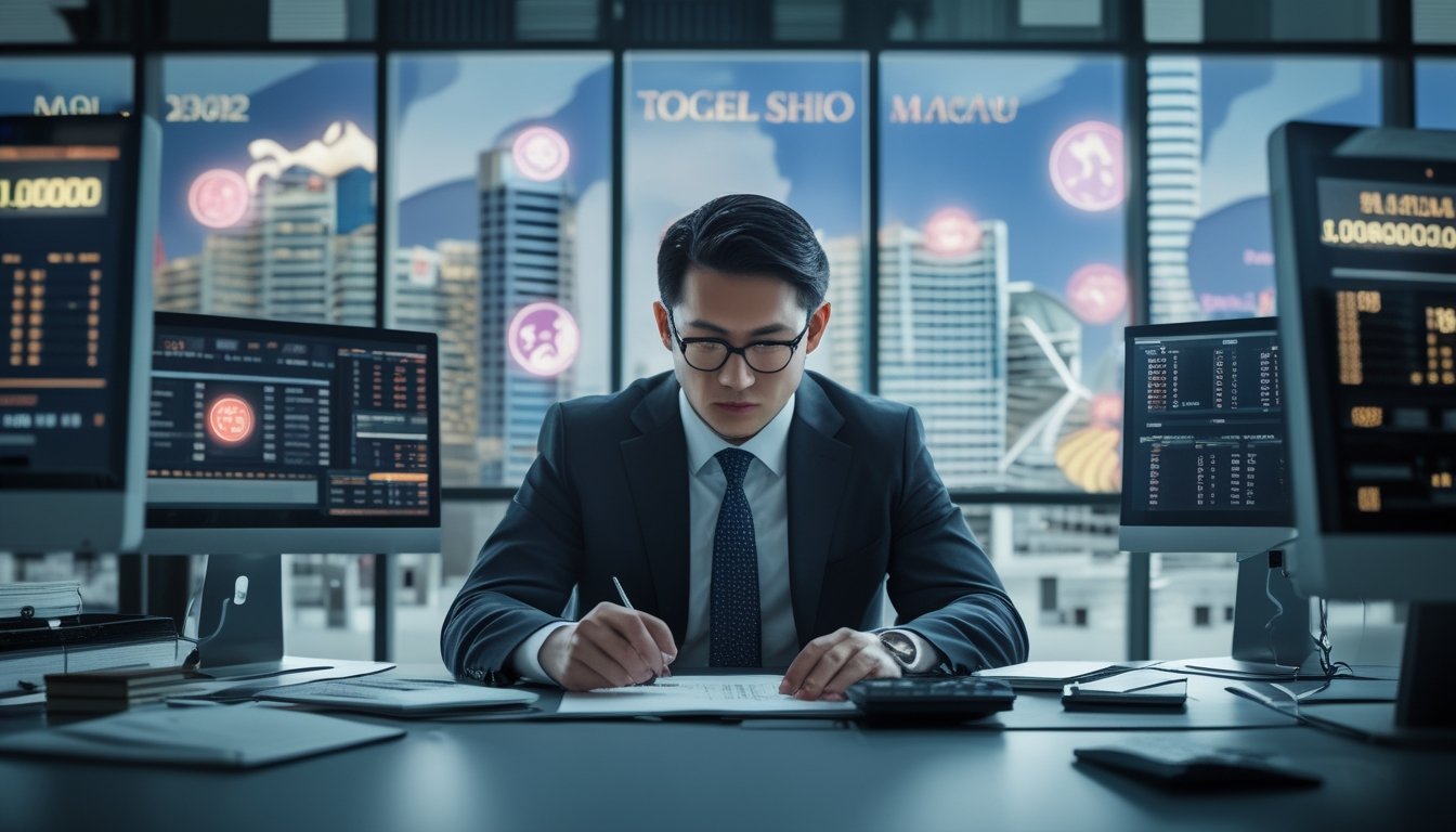 Seorang penasihat keuangan serius duduk di meja modern dengan layar komputer menampilkan grafik keuangan dan simbol terkait perjudian, sedang menganalisis risiko finansial.