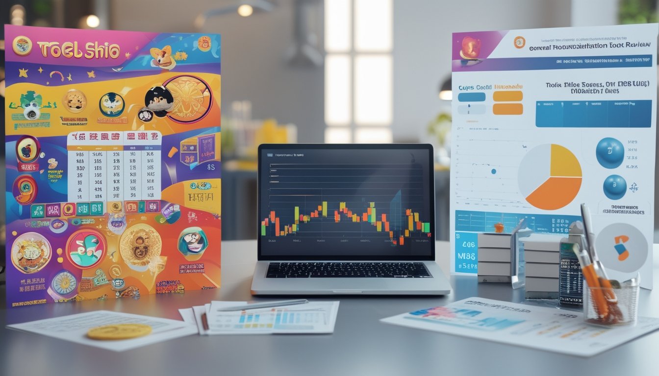 Dua bagian gambar yang menunjukkan analisis statistik dengan simbol shio dan grafik peluang lotere di meja kerja dengan laptop dan dokumen.