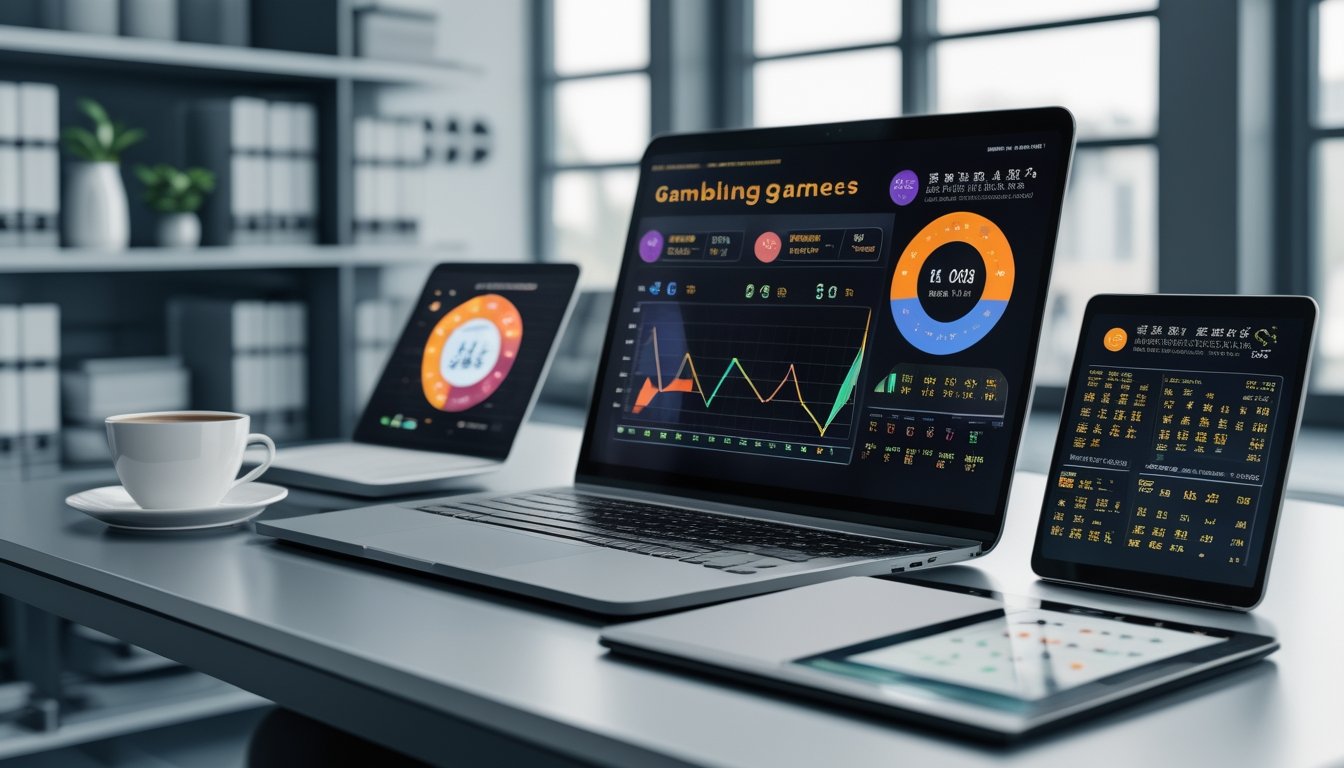 Suasana kantor modern dengan meja yang menampilkan perangkat digital dan grafik statistik tentang permainan togel Shio dan Colok Macau.