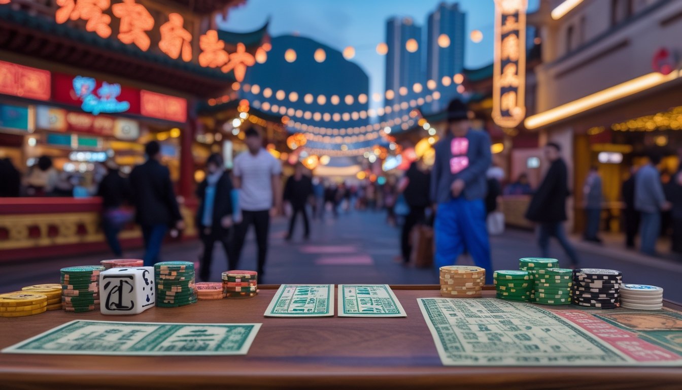 Pemandangan jalan di Macau dengan bangunan kasino ikonik dan elemen arsitektur tradisional, menampilkan tiket lotere vintage dan alat judi klasik di meja kayu, menggambarkan perkembangan pasar judi di Macau.
