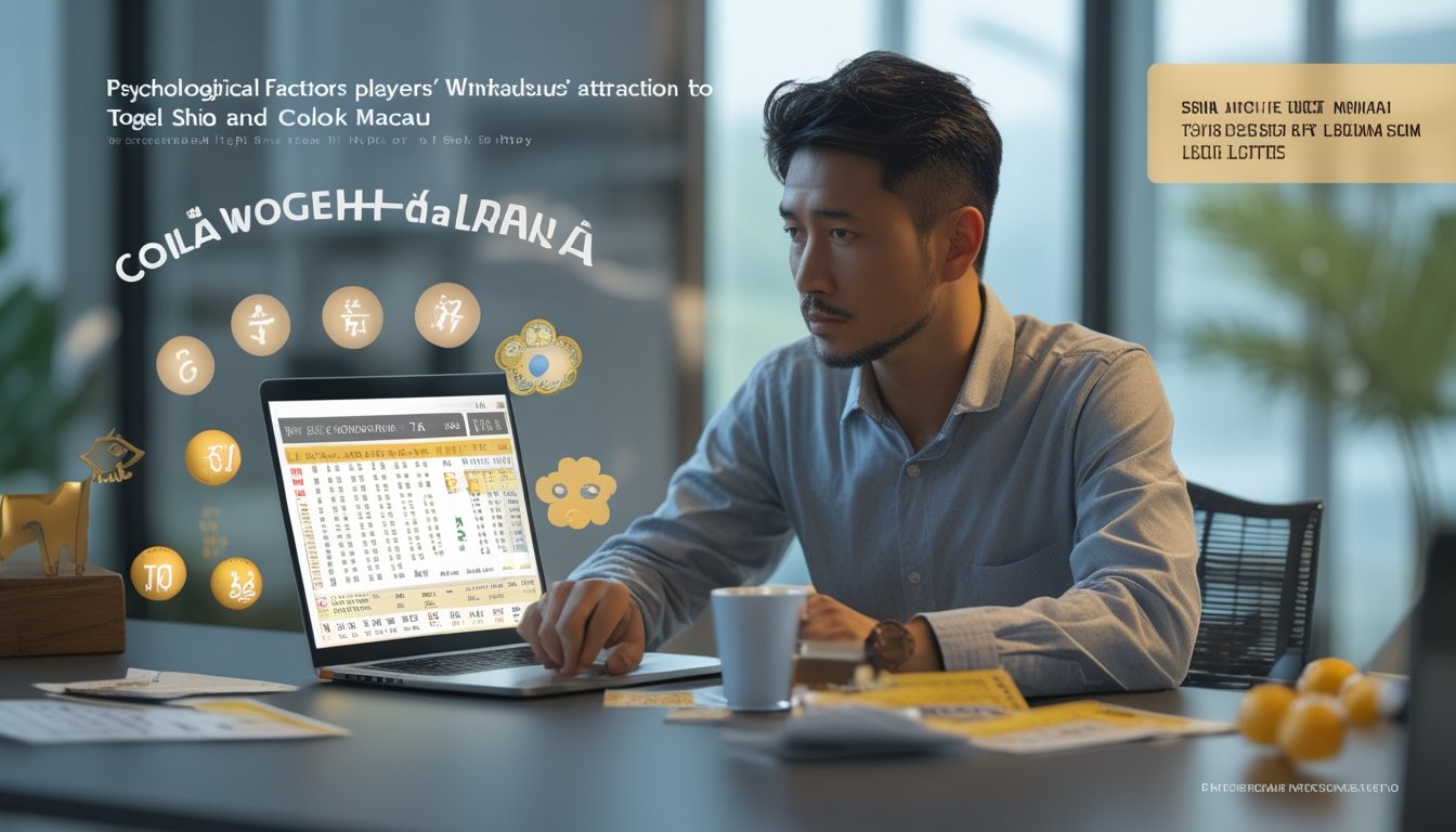 Seorang pria dewasa duduk di meja dengan tiket lotere, laptop, dan cangkir kopi, tampak berpikir sambil menganalisis angka dan simbol keberuntungan di latar belakang.