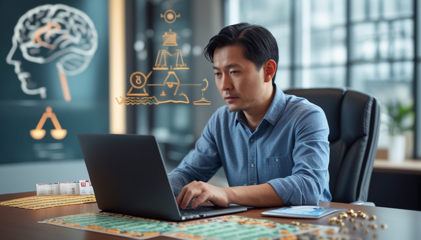 Seorang pria Asia dewasa duduk di meja dengan laptop dan tiket lotre, terlihat sedang berpikir dalam ruangan kantor yang terang.