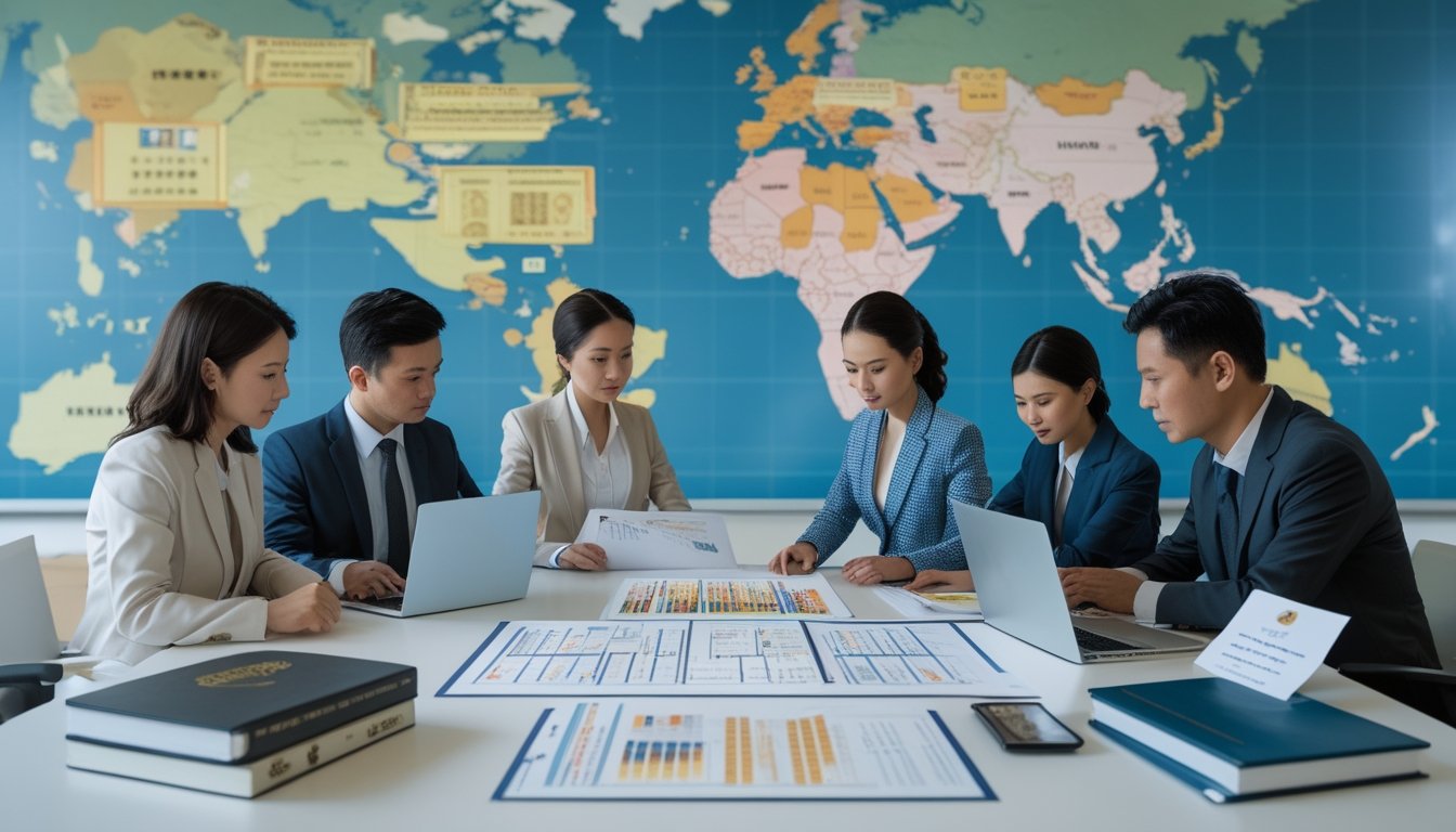 Sekelompok profesional Asia sedang berdiskusi di kantor dengan dokumen dan peta Asia yang menunjukkan fokus pada regulasi permainan togel.