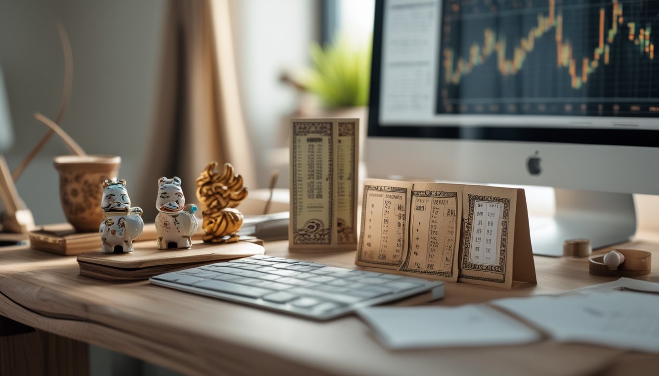 Meja kerja dengan patung shio, tiket lotre vintage, dan bola bernomor yang mewakili prediksi togel shio dan colok macau.