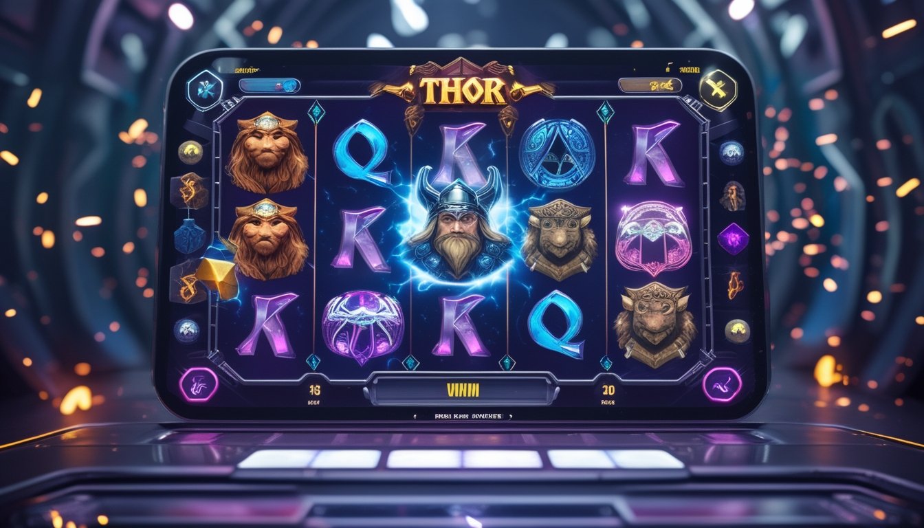 Gambaran mesin slot online bertema Thor dengan simbol palu, petir, dan ikon putaran gratis yang menunjukkan peluang menang tinggi.