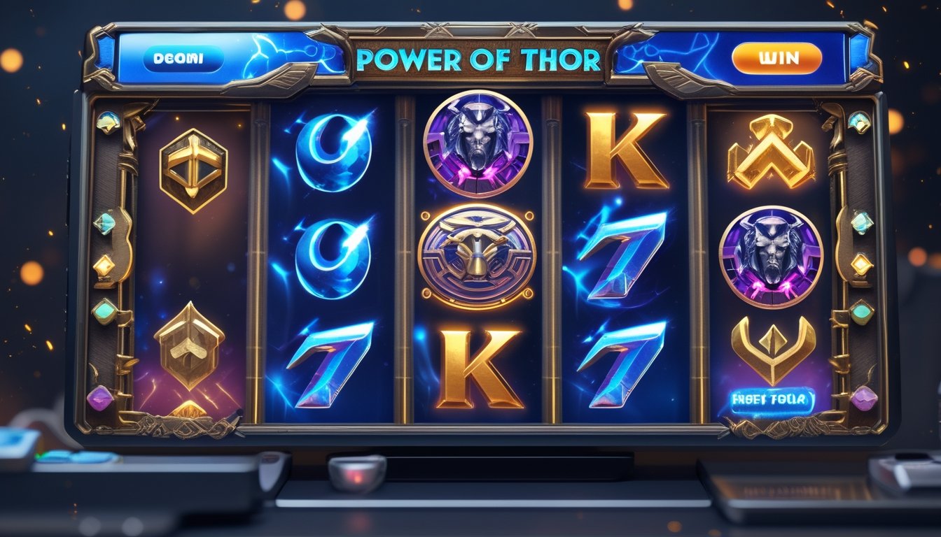 Tampilan layar mesin slot digital dengan simbol petir dan palu, menggambarkan permainan slot Power of Thor Megaways dengan fitur putaran gratis dan peluang menang tinggi.