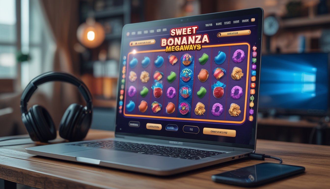 Seorang pemain menggunakan komputer dengan tampilan permainan slot online bertema permen berwarna-warni di layar, di dalam ruangan yang nyaman dan terang.