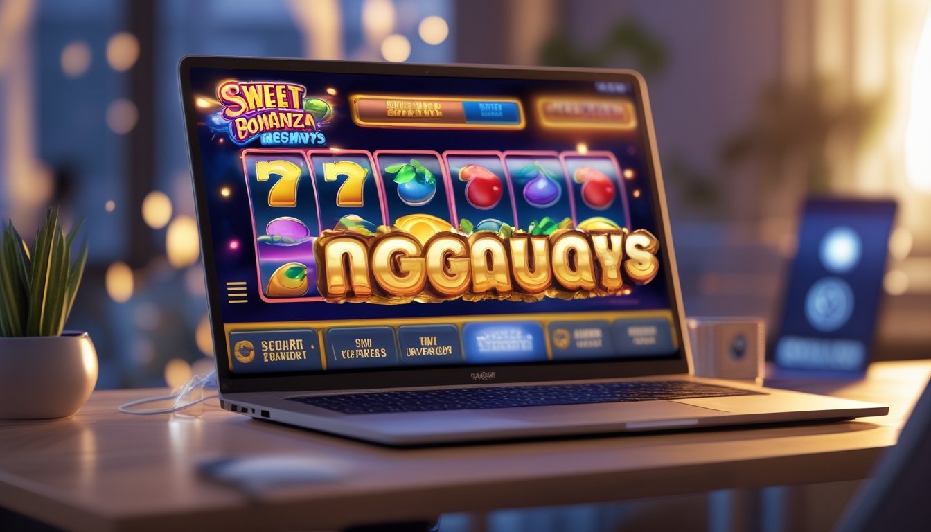 Sebuah layar komputer menampilkan permainan slot Sweet Bonanza Megaways dengan simbol buah yang berwarna-warni dalam suasana bermain online yang nyaman dan terpercaya.