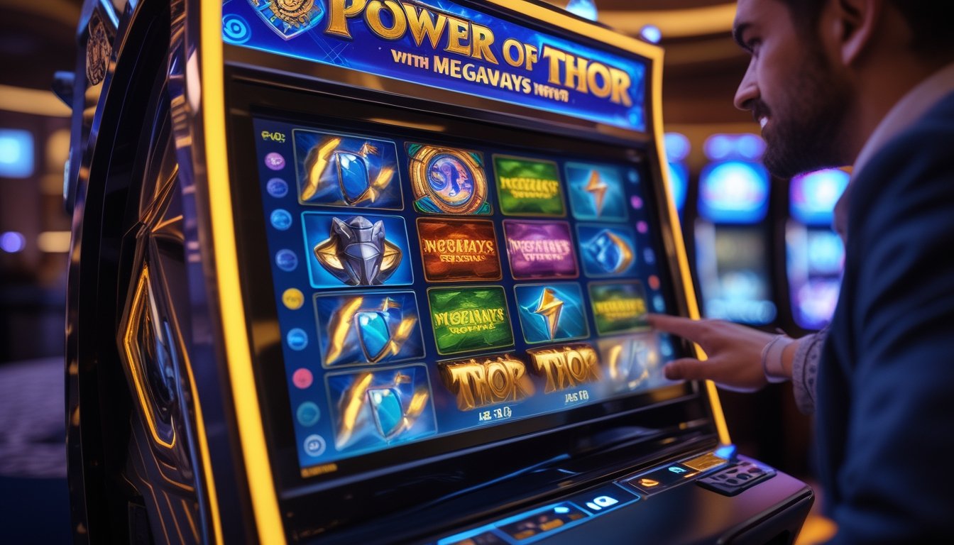 Seorang pemain sedang bermain mesin slot Power of Thor dengan simbol mitologi Norse dan tampilan kemenangan di layar mesin.