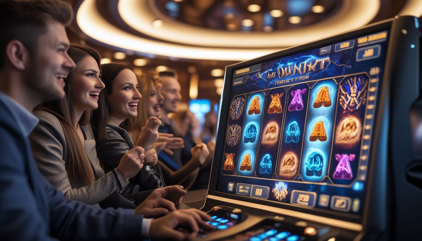 Beberapa orang bermain mesin slot digital bertema Power of Thor dengan simbol Megaways yang berwarna-warni di kasino.