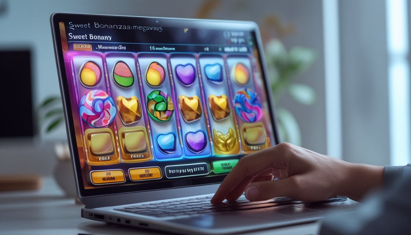 Seseorang menggunakan komputer dengan layar menampilkan permainan slot bertema permen berwarna-warni.