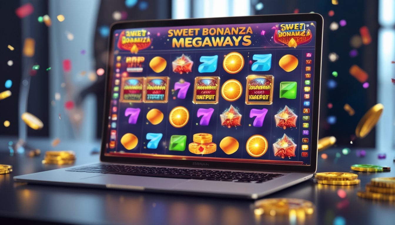 Layar komputer menampilkan permainan slot Sweet Bonanza Megaways dengan simbol buah dan permen berwarna cerah, dikelilingi koin dan dekorasi perayaan.