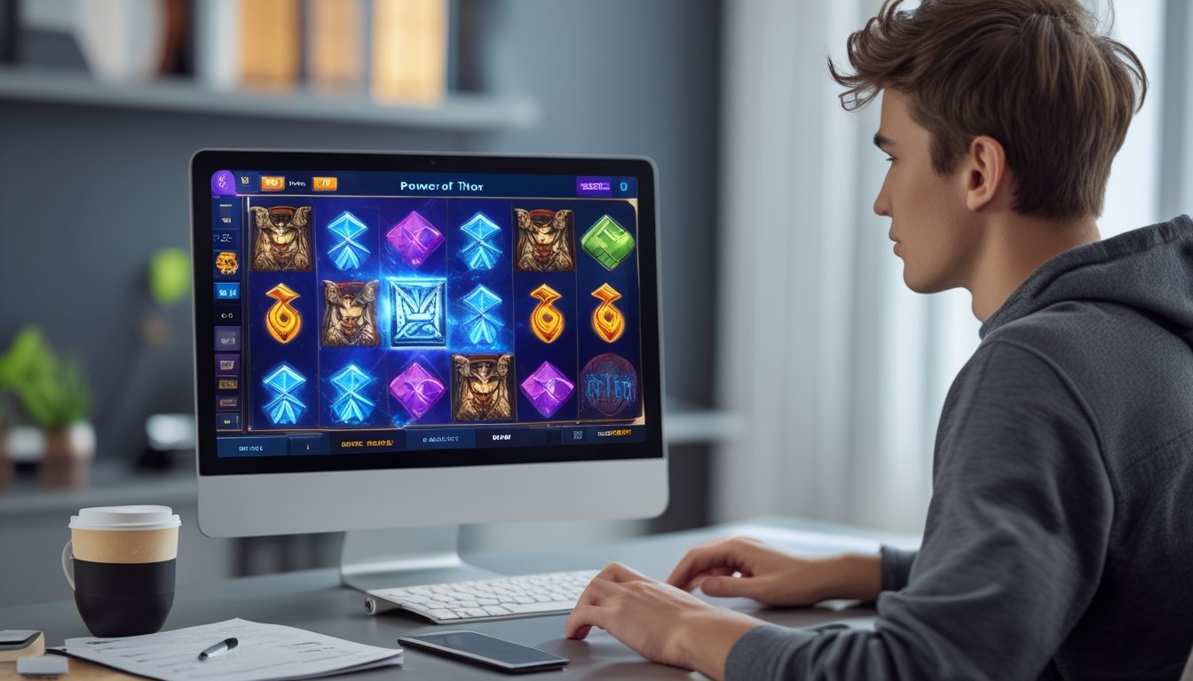 Seorang pemain pemula fokus bermain permainan slot Power of Thor Megaways di laptop di meja kerja modern.