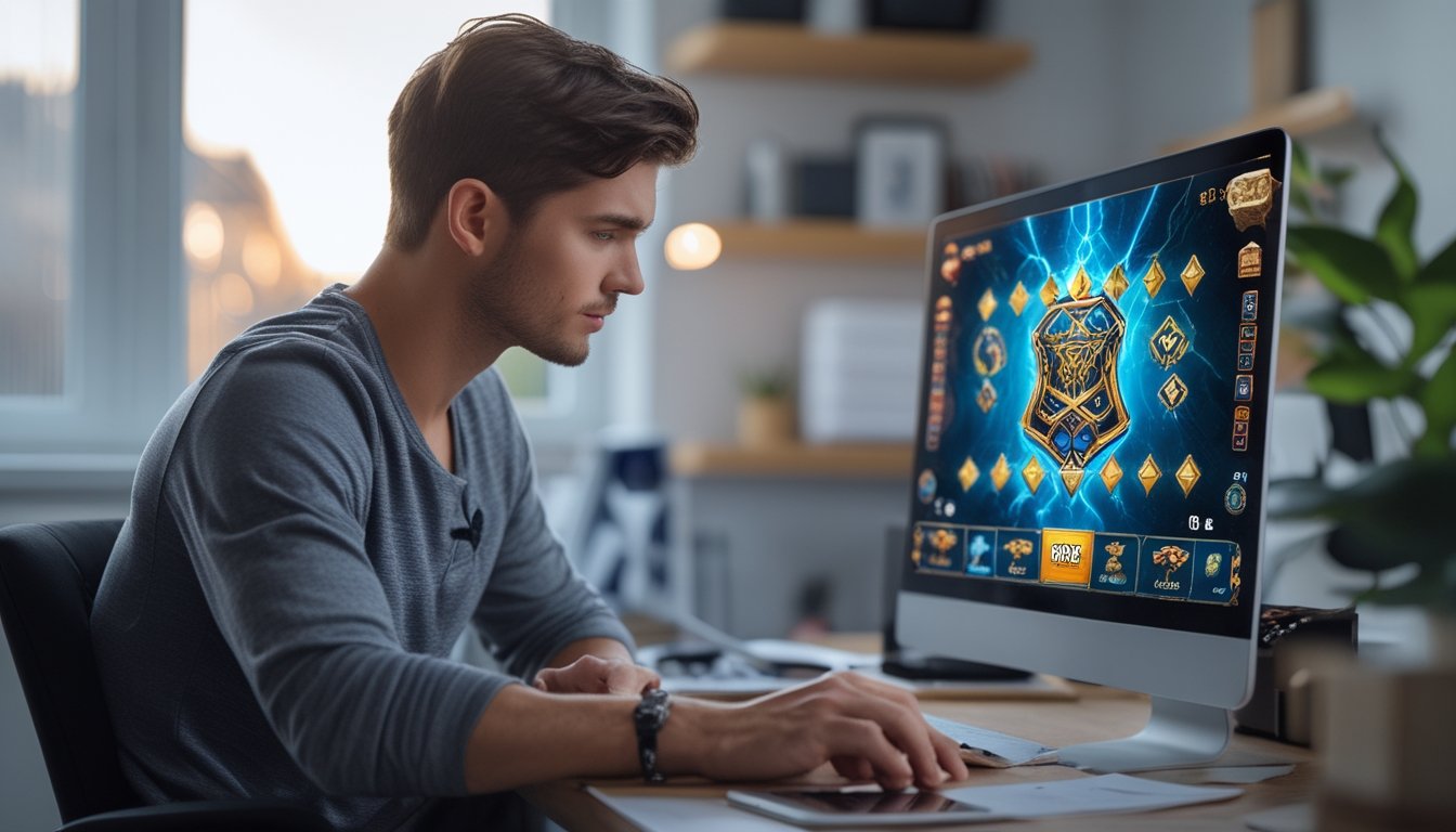 Seorang pria muda duduk di meja dengan laptop, fokus bermain permainan slot online bertema mitologi Norse dengan simbol palu Thor dan petir.