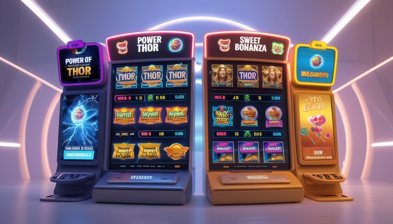 Dua mesin slot online berdampingan, satu bertema Thor dengan petir dan simbol mitologi Norse, satu lagi bertema permen dengan buah dan permen warna-warni, menunjukkan perbandingan peluang jackpot.