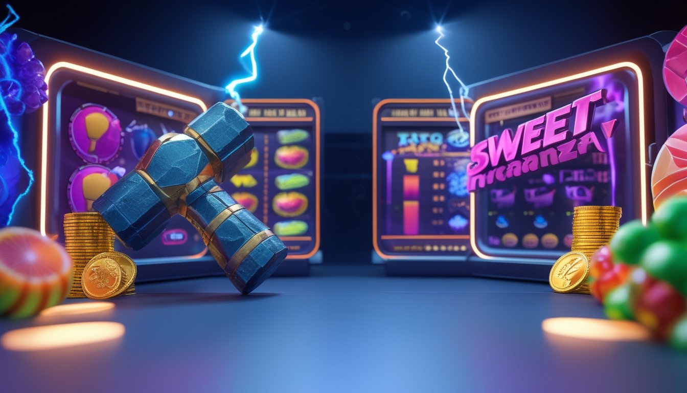 Gambar perbandingan dua permainan slot dengan simbol petir dan palu Thor di sebelah kiri, serta buah dan permen berwarna-warni di sebelah kanan, dengan koin emas dan permata di tengah.