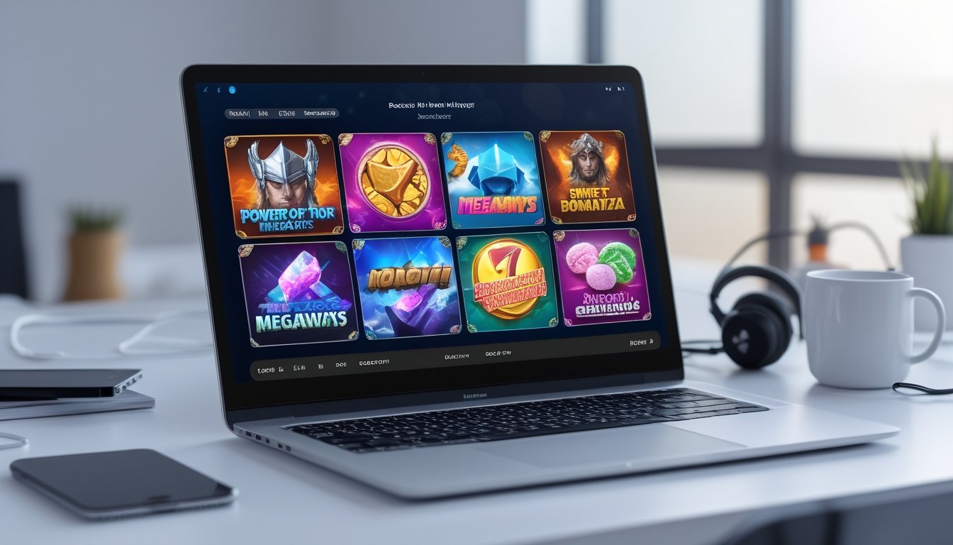 Layar laptop menampilkan berbagai permainan slot online dengan tema petir dan permen, di meja kerja dengan aksesori teknologi di sekitarnya.
