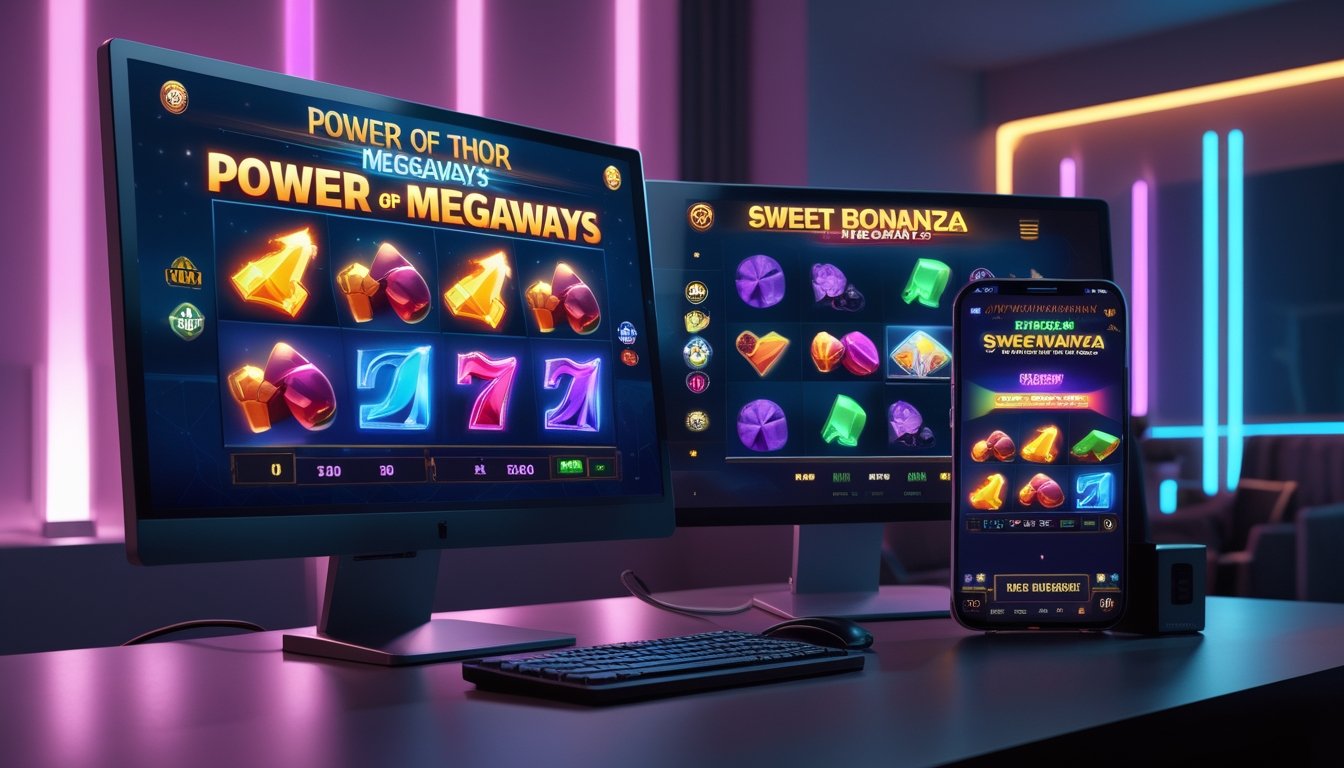 Sebuah ruangan gaming modern dengan komputer dan ponsel yang menampilkan layar permainan slot Power of Thor Megaways dan Sweet Bonanza Megaways yang penuh warna.