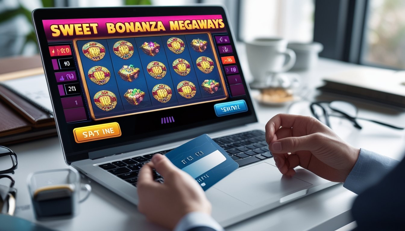 Seseorang menggunakan laptop dan smartphone untuk bermain slot Sweet Bonanza Megaways dengan transaksi cepat dan aman di meja kerja yang rapi.