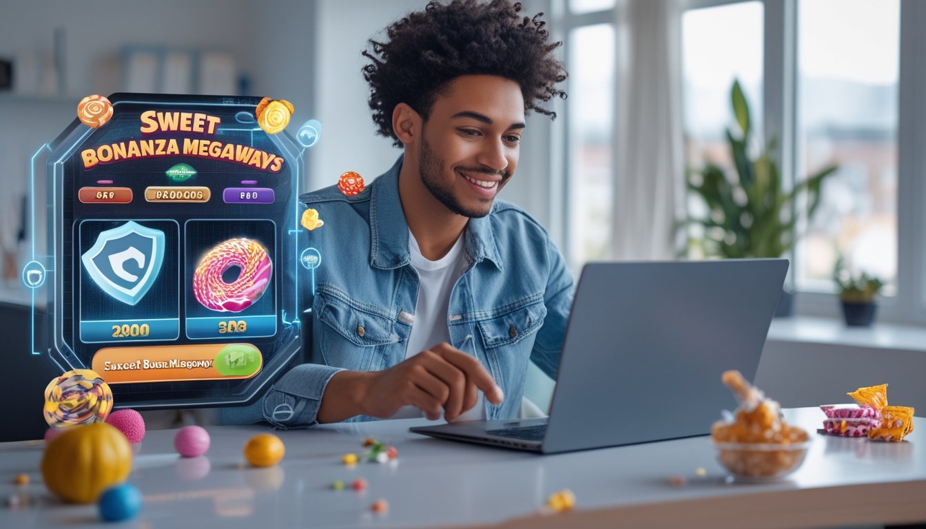 Seorang dewasa muda menggunakan laptop di ruang kerja yang terang, fokus pada permainan slot online dengan simbol buah dan permen, dikelilingi ikon keamanan dan transaksi cepat.