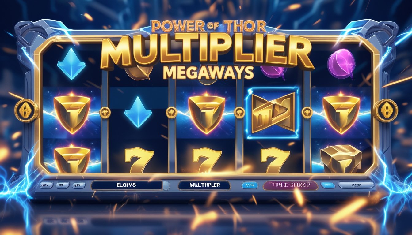 Tampilan mesin slot dengan simbol petir dan palu yang menyala, menunjukkan fitur pengganda dalam permainan slot.