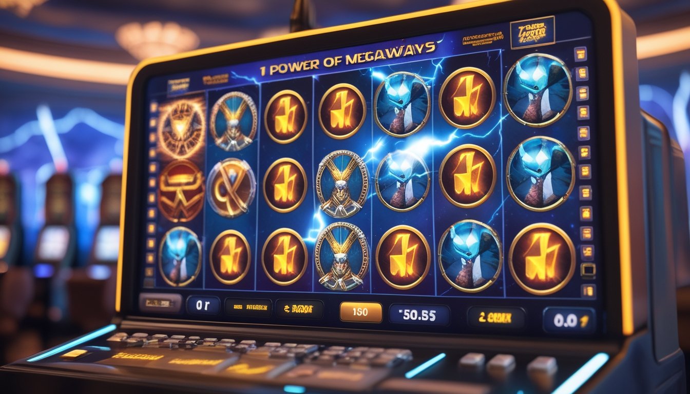 Mesin slot dengan simbol mitologi Norse dan ikon multiplier emas yang menyala, dengan latar belakang langit badai dan efek petir.
