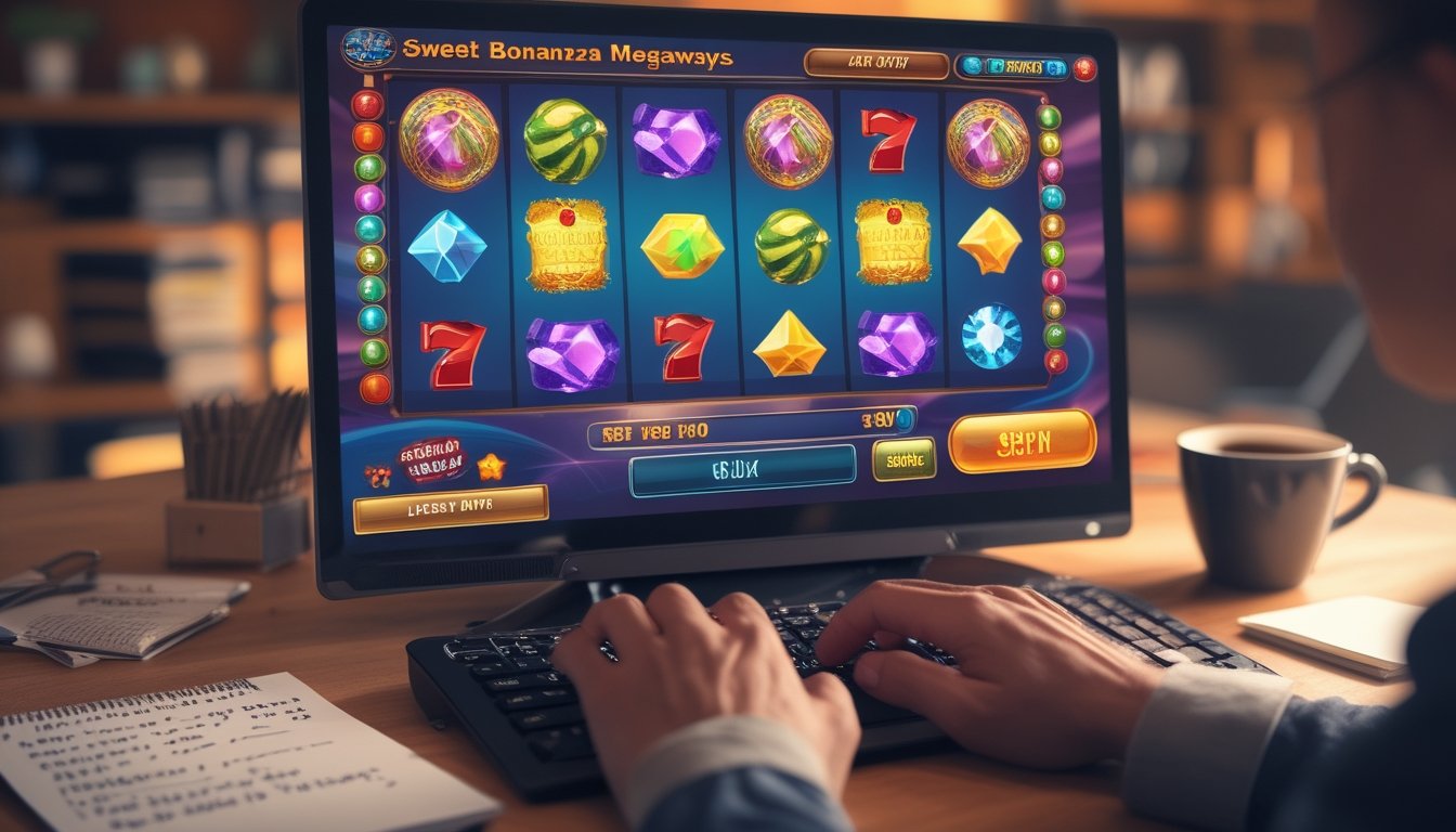 Tampilan layar komputer dengan permainan slot online penuh warna dan tangan seseorang sedang menggunakan mouse di meja kerja.