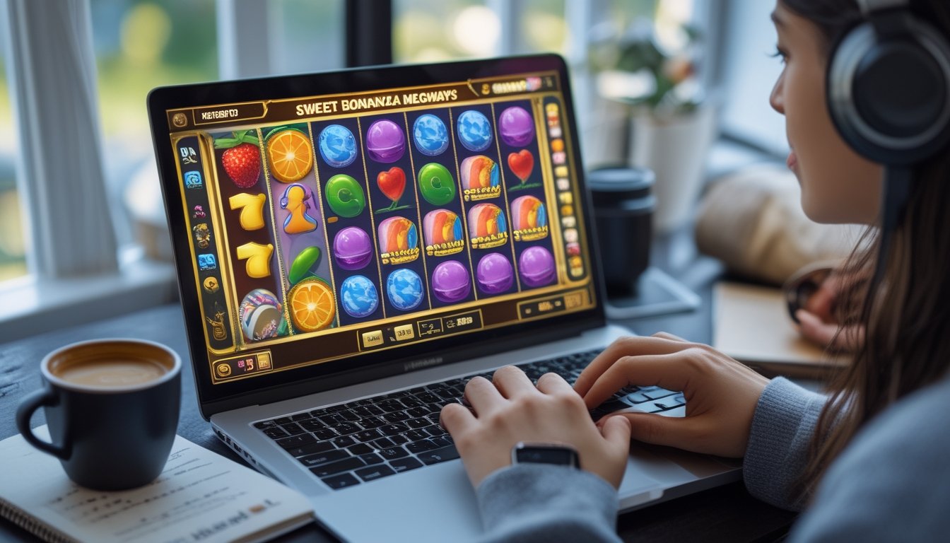 Seseorang sedang bermain Sweet Bonanza Megaways di laptop dengan latar ruangan yang terang dan nyaman.