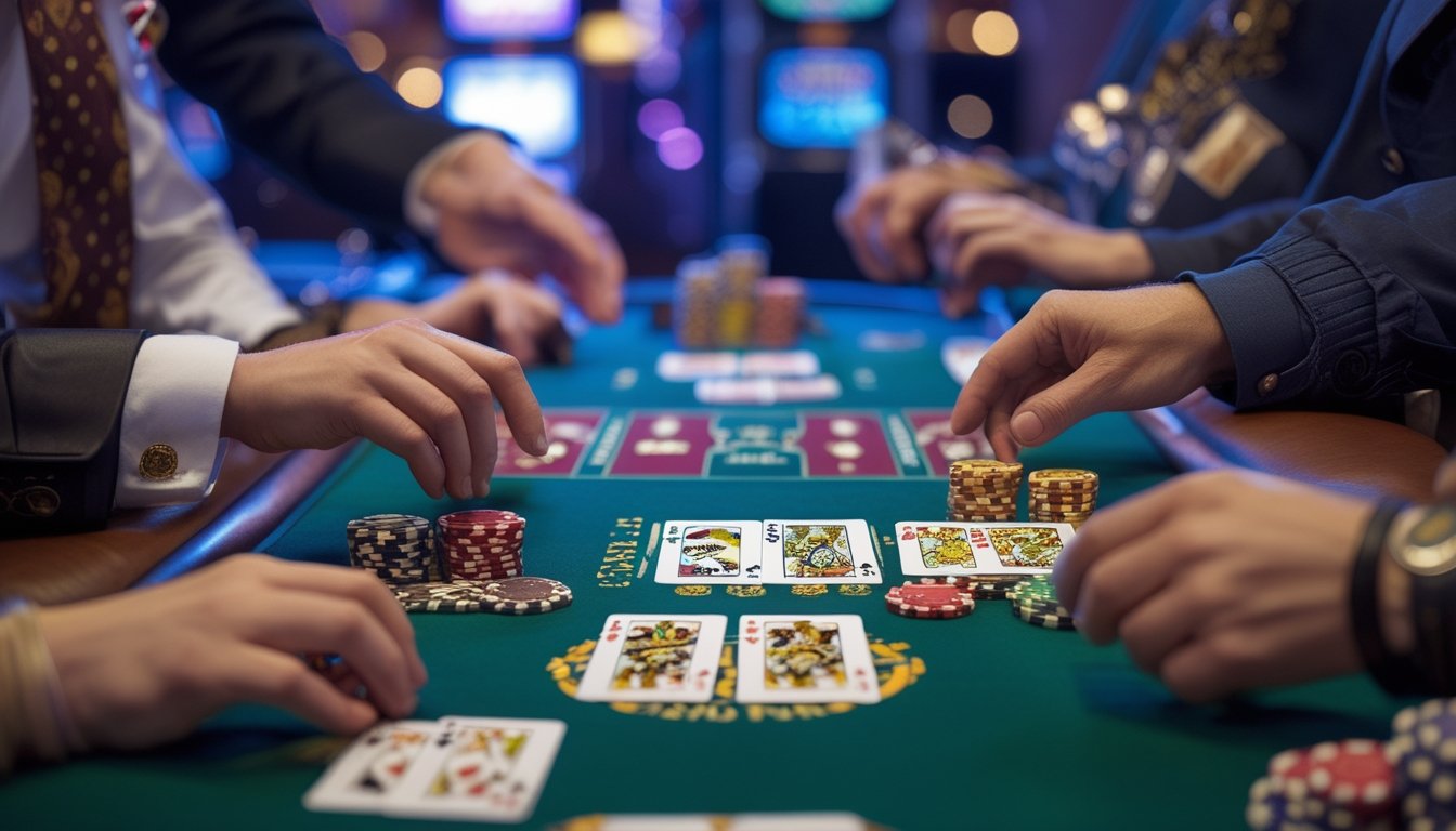 Meja kasino dengan kartu remi dan tumpukan chip, memperlihatkan permainan Casino War, Poker, dan Crazy Pineapple dengan suasana kasino yang hidup.