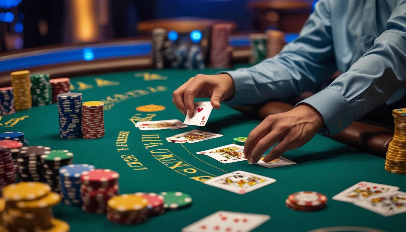 Meja kasino dengan kartu remi dan tumpukan chip, dealer sedang membagikan kartu di lingkungan kasino yang terang.