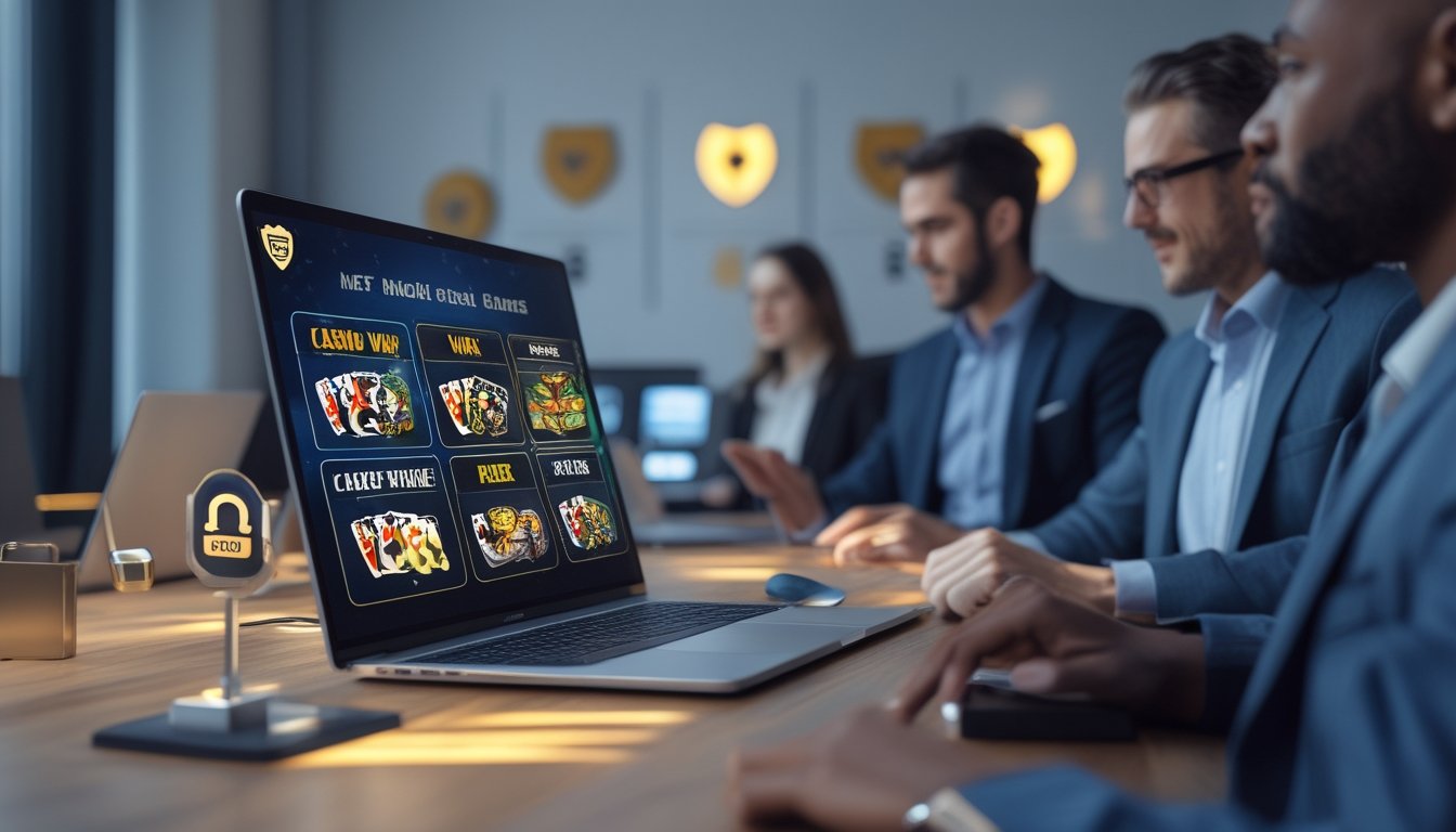 Orang-orang menggunakan laptop dan ponsel yang menampilkan permainan kartu Casino War, Poker, dan Crazy Pineapple dalam suasana yang aman dan profesional.