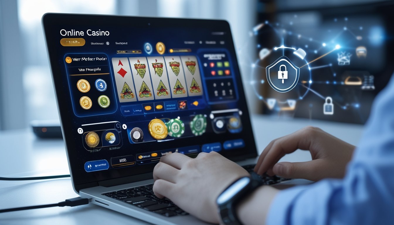 Seseorang menggunakan komputer dengan tampilan permainan poker online, menunjukkan suasana platform kasino online yang aman dan terpercaya.