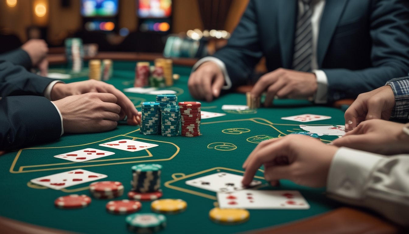 Meja kasino dengan kartu dan chip poker, pemain sedang bermain dan dealer membagikan kartu.