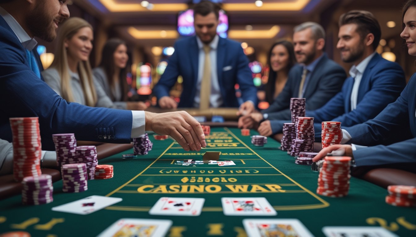 Meja kasino dengan kartu remi, chip poker, dan pemain yang sedang bermain dan berkonsentrasi.