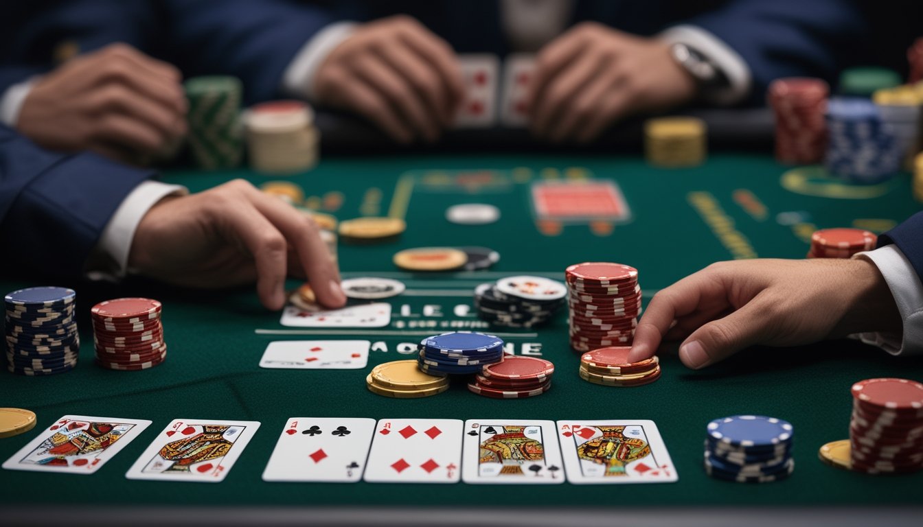 Meja kasino dengan kartu remi dan chip poker yang mewakili permainan Casino War Poker dan Crazy Pineapple, dengan tangan yang memegang kartu dan chip di atas meja.